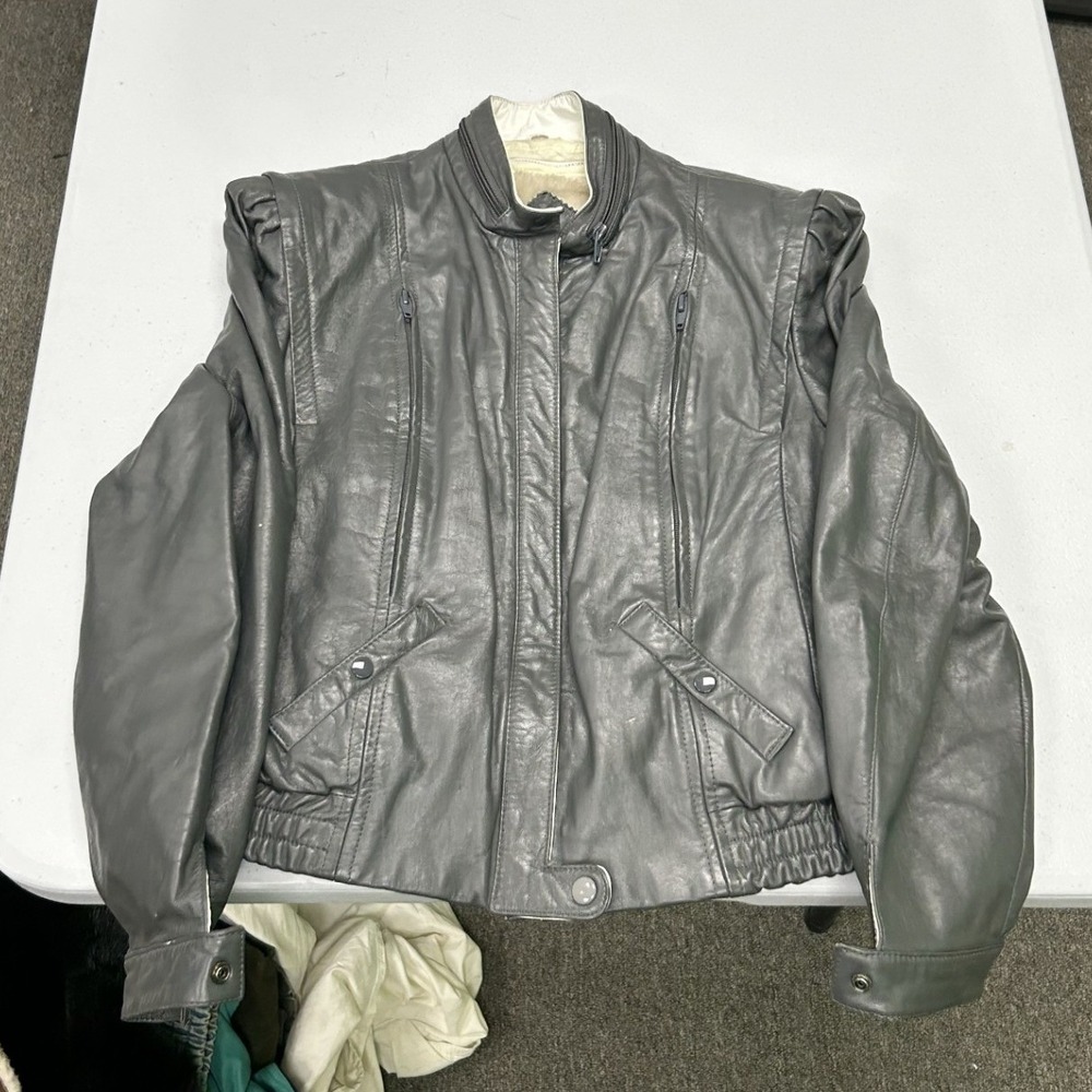 Berman's Leather Jacket Womens Medium Gray 80s Puffy Shoulder Faux Fur Lined